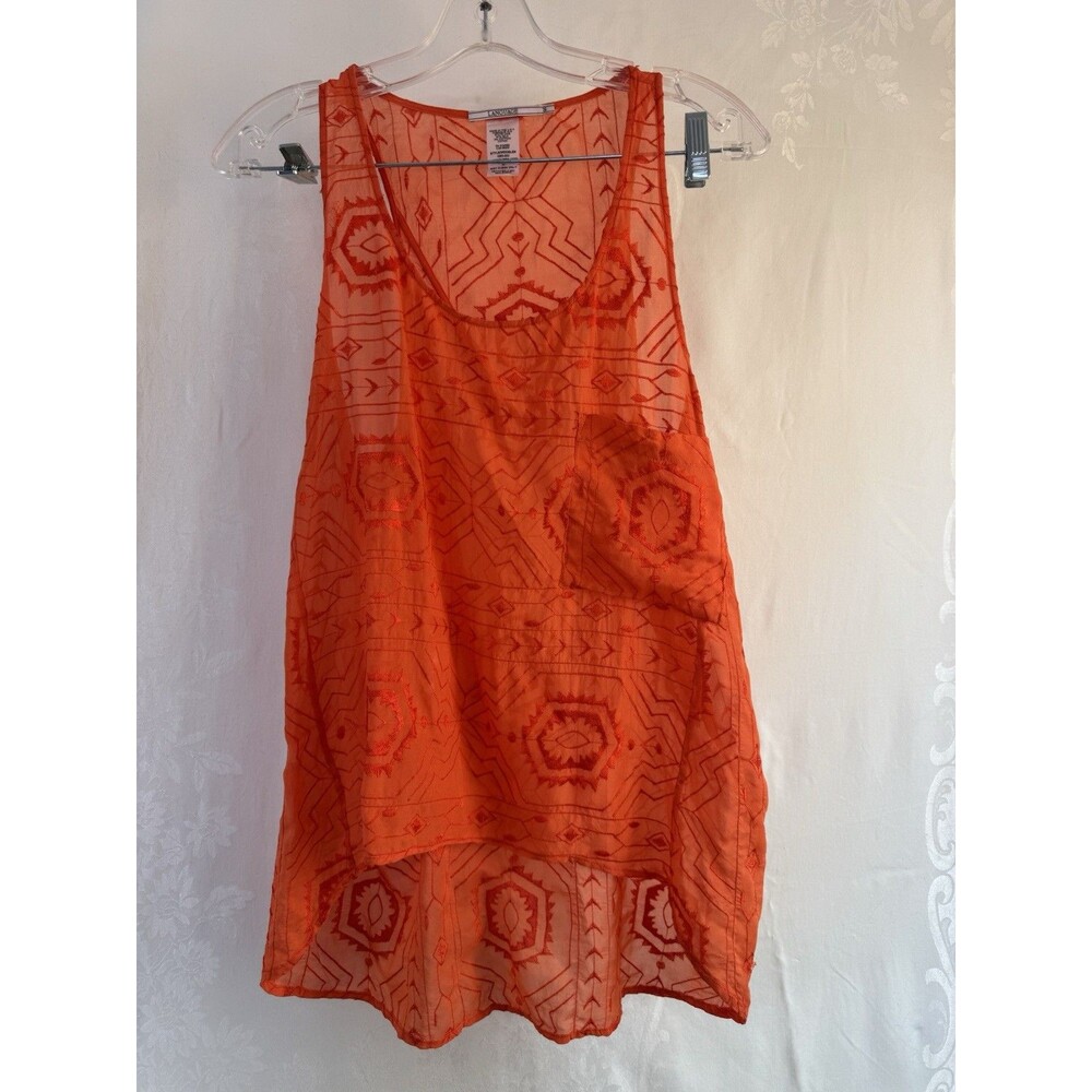 Language Orange Embroidered Tank Top See through Small Silk/Cotton HI Low